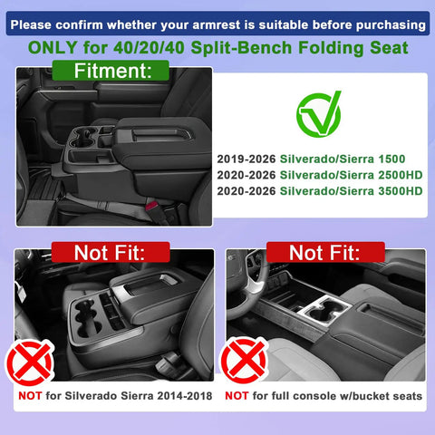 Center Console Hanging Organizer Box Fits 2019 To 2026 Chevy Silverado And GMC Sierra 1500 And 2020 To 2026 Silverado 2500HD And 3500HD Split Bench Seats Not For Bucket Seats Armrest Tray Storage, compatibility guide for console types shown.