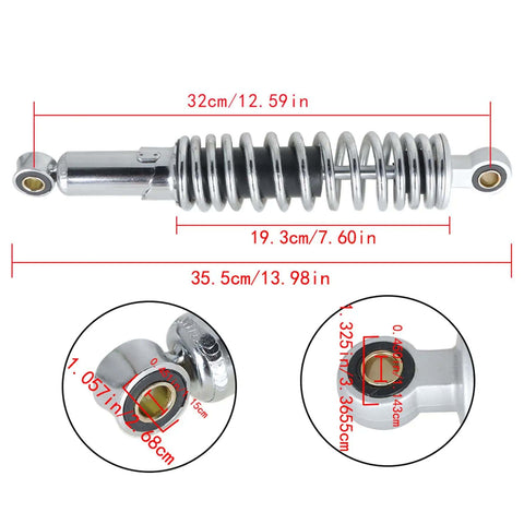 Chrome Motorcycle Rear Shock Absorber 320mm Replacement For XL883 1200 72 48 RD350 G1 GS125 150cc with dimensions displayed