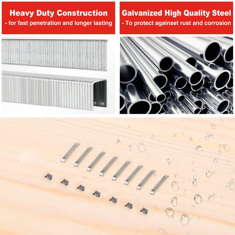 Heavy Duty T50 Staples And 18 Gauge Brad Nails Combo Kit, galvanized steel, showing staples and nails on wood surface.