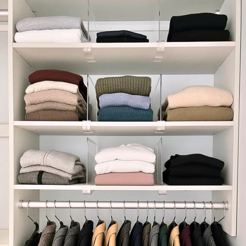8 Pack Acrylic Shelf Dividers For Purses And Handbags Closet Organizer Bag Storage For Handbags Clutches Clothes Towels On Wood Shelves Space Saving And Easy Access installed on closet shelves with folded clothes.