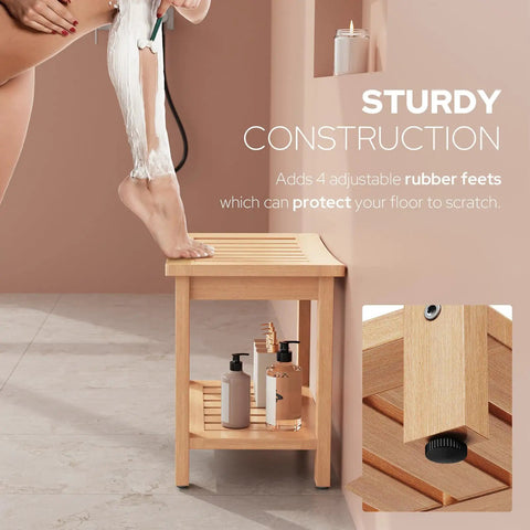 21 Inch Poly Lumber Waterproof Shower Bench With Storage Shelf, Non Slip Faux Teak Wood Shower Stool in use