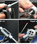 Pro Grade Metric Tap And Die Set M3 To M12 40 Piece Rethreading Tool Kit in use for nut and screw repair with adjustable handles.