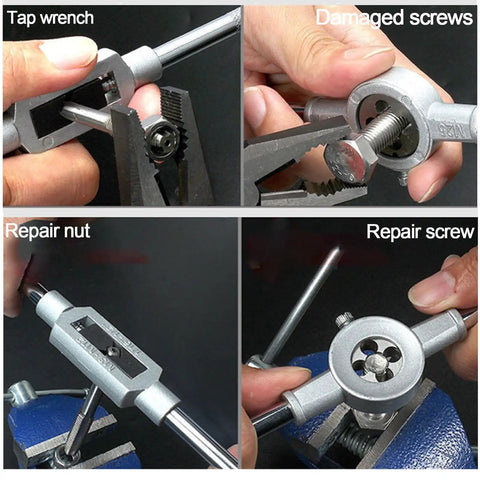 Pro Grade Metric Tap And Die Set M3 To M12 40 Piece Rethreading Tool Kit in use for nut and screw repair with adjustable handles.