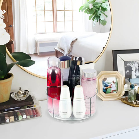 360 Degree Rotating Makeup Organizer For Vanity And Countertop, Clear Lazy Susan Style Cosmetic Display Case with products