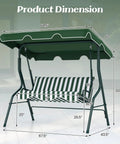 Three Person Porch Swing With Canopy And Removable Cushions, Heavy Duty Powder Coated Steel Frame, dimensions labeled, Green