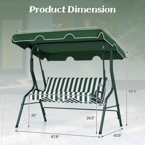 Three Person Porch Swing With Canopy And Removable Cushions, Heavy Duty Powder Coated Steel Frame, dimensions labeled, Green