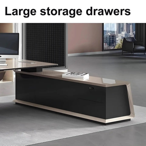 Built Tough Executive Standing Desk With Roomy Drawers And Smart Storage Plus Stain Resistant Finish For Killer Home Office Setups And Daily Grind Workstations Spanning 94 Inches Wide showing large storage drawers and modern design.