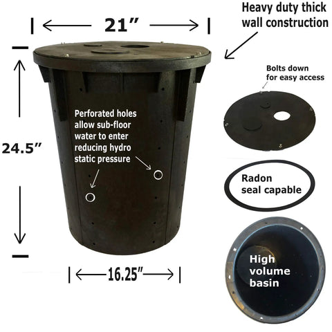 25 Ft Interior Waterproofing Drain Tile System For Damp Basements With Heavy Duty Sump Pump, Baseboard Channel Gutter, Concrete Adhesive And Tools For A No Sweat Diy Installation. Heavy-duty sump basin with perforated holes, dimensions 21" x 24.5", designed for water control.