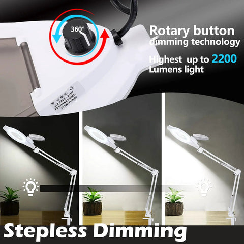 Bright LED Magnifying Lamp With Clamp And Stand 10X Magnifier 2200 Lumens Daylight Glow Dimmable Light Adjustable Swivel Arm White Finish Hands Free For Reading Crafts And Repair Work Close Up Vision