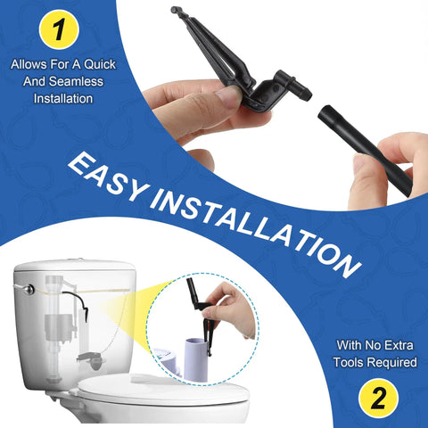Easy installation of 3 Pack Toilet Refill Tube And Clip Replacement Kit For Inside Tank with hands and toilet diagram.