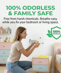 Woman using Drywall Patch Repair Kit For Nail Holes And Cracks With Odorless Quick Drying Putty Non Shrinking Wall Paste in bedroom.