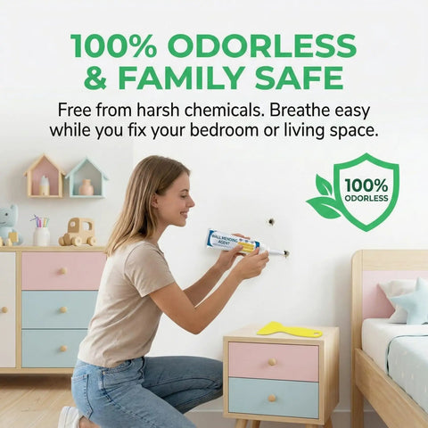 Woman using Drywall Patch Repair Kit For Nail Holes And Cracks With Odorless Quick Drying Putty Non Shrinking Wall Paste in bedroom.