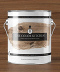 Premium Weatherproof Wood Stain With Semi Gloss Walnut Finish For Indoor And Outdoor Use in a 2.5L container on wood background.