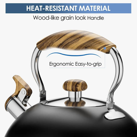 2.6 Quart Whistling Tea Kettle For Stovetop Black, Durable 304 Stainless Steel, ergonomic wood-like handle detail