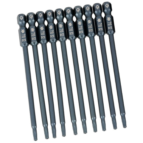 Super Cool 10 Pc Long T10 Hex Magnetic Screwdriver Bits Kit Made From Tough S2 Steel With Solid Grip Heads Perfect For Any Heavy Duty Drill Job In The Garage Or On The Road Today. 10-piece long T10 S2 steel magnetic screwdriver bits set