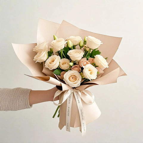 Bouquet wrapped in Cream Tea Floral Wrapping Paper Sheets 22.4x22.4 Inches Water Resistant Bouquet Gift Wrap For Weddings Birthdays.