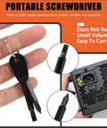 Portable screwdriver set on keychain, includes two bits, stainless steel, shown with electronic device port.