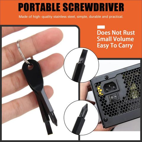 Portable screwdriver set on keychain, includes two bits, stainless steel, shown with electronic device port.