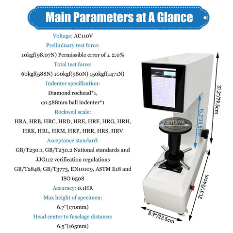 Kickass Digital Rockwell Hardness Tester With Slick Touchscreen Display And Pro Level Precision For Steel Plus Heat Treated Metals Easy AC110V Power Straight Shooting Results main parameters and specifications overview