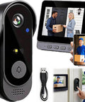 Waterproof Wireless Video Doorbell With 4.3 Inch HD Monitor, Smart Doorbell Camera, shown with night vision and app setup options