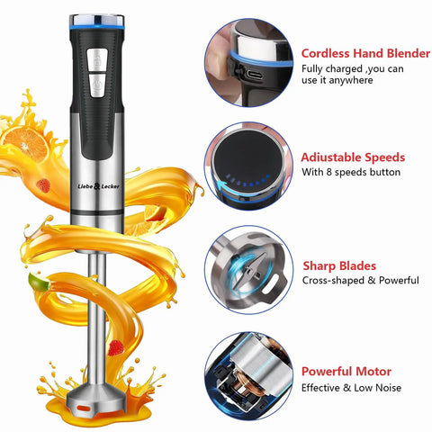 Cordless Immersion Hand Blender 3 In 1 With Whisk And Milk Frother No Cord Hassle 8 Speed Emulsion Mixer For Soups And Smoothies Rechargeable USB C Fast Charge Portable Handheld Blender For Easy Cooking with adjustable speed dial and stainless steel blades