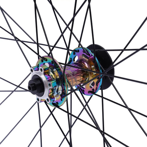 Close-up of a 27 5 Inch Mountain Bike Wheel Set With Aluminum Alloy Rim And Disc Brake Colorful Hub Quick Release.