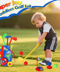 Totally Awesome Toddler Golf Set With Sturdy Rolling Cart Includes Four Beginner Clubs And Bright Durable Balls Perfect For Tiny Pros Ages Three To Five Epic Backyard Play Time, child playing with colorful golf set.