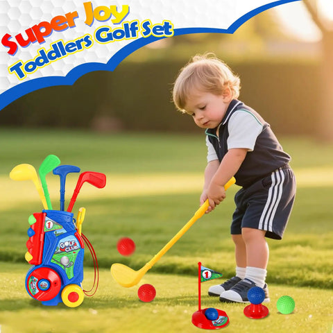 Totally Awesome Toddler Golf Set With Sturdy Rolling Cart Includes Four Beginner Clubs And Bright Durable Balls Perfect For Tiny Pros Ages Three To Five Epic Backyard Play Time, child playing with colorful golf set.
