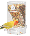Clear Acrylic Automatic Bird Cage Feeder For Parakeets Budgies And Small Birds, No Mess Seed Dispenser Keeping Food Fresh And Dry, Birdie Approved Hassle Free Daily Setup with seeds and a bird.