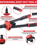 Top Notch 14 Inch Heavy Duty Rivnut Tool Kit With Six Interchangeable Mandrels And Fifty Assorted Rivet Nuts For Auto Repair Sheet Metal Fixing And Awesome DIY Projects, red-black steel handles