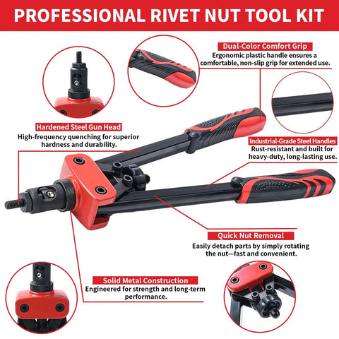 Top Notch 14 Inch Heavy Duty Rivnut Tool Kit With Six Interchangeable Mandrels And Fifty Assorted Rivet Nuts For Auto Repair Sheet Metal Fixing And Awesome DIY Projects, red-black steel handles