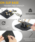 Soldering Station Holder With Storage Box And Third Hand Tool, 4x4 Inch Metal Non Slip Base, adjustable arms, hex wrench, weight display.