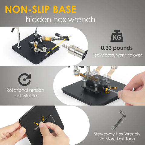Soldering Station Holder With Storage Box And Third Hand Tool, 4x4 Inch Metal Non Slip Base, adjustable arms, hex wrench, weight display.