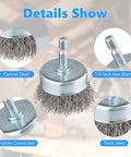 Close-up of carbon steel wire cup brush with 1/4 inch hex shank for rust removal, part of Ten Pack Carbon Steel Wire Wheel Cup Brush And Pen Brush Set With One Quarter Inch Hex Shank For Rust Removal Corrosion And Surface Scrubbing Garage Ready Heavy Duty.
