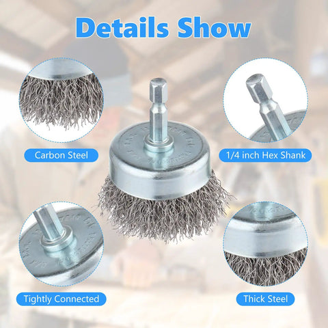 Close-up of carbon steel wire cup brush with 1/4 inch hex shank for rust removal, part of Ten Pack Carbon Steel Wire Wheel Cup Brush And Pen Brush Set With One Quarter Inch Hex Shank For Rust Removal Corrosion And Surface Scrubbing Garage Ready Heavy Duty.