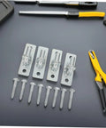 Top Shelf Wall Mounted Gate Hinges 4 Pack Swinging Barn Door Brackets With Sturdy Mounting Plate And Screws on gray background.