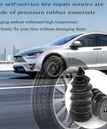 Close-up of tire with 30 Pcs Tire Repair Nails Self Tapping Screws Rubber Screws Self Service Tire Repair Kit and car in background
