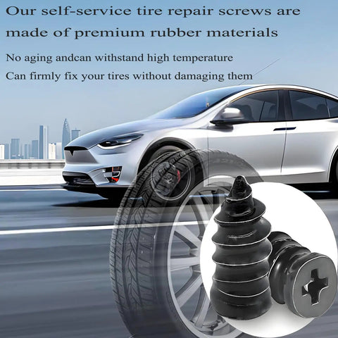 Close-up of tire with 30 Pcs Tire Repair Nails Self Tapping Screws Rubber Screws Self Service Tire Repair Kit and car in background