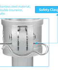 Detail of stainless steel safety clasp on Heavy Duty Cam And Groove Hose Fittings 4 Inch 2 Pack Type C Quick Connect Adapters.