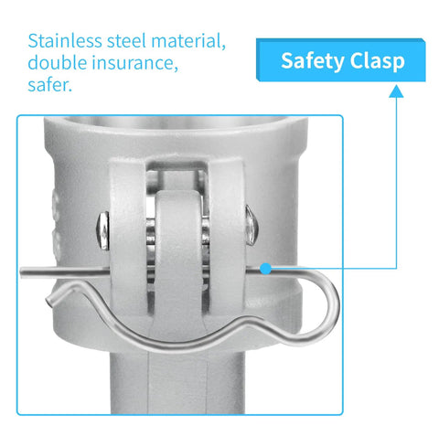 Detail of stainless steel safety clasp on Heavy Duty Cam And Groove Hose Fittings 4 Inch 2 Pack Type C Quick Connect Adapters.