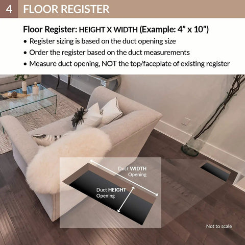 Living room with instructions on measuring duct opening for Marquis Floor Register 4 In By 10 In Duct Opening in Dark Oil Rubbed Bronze