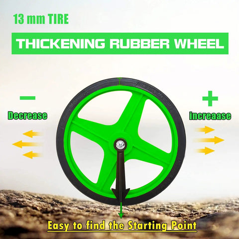 Six Inch Measuring Wheel with green 13mm TPR tire on ground for distance measurement, adjustable feature shown