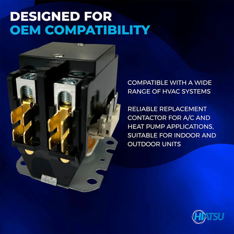 2 Pole 40 Amp 24V HVAC contactor for AC heat pumps and refrigeration, front view, durable design, shown on blue background.