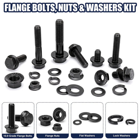 Tough As Nails Metric Flange Bolt Kit With 500 Pieces Of Grade 10.9 Alloy Steel Fasteners showing various flange bolts and washers.