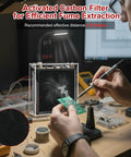 DIY Solder Fume Extractor Kit With LED Light And Filters capturing smoke during soldering on electronics project board