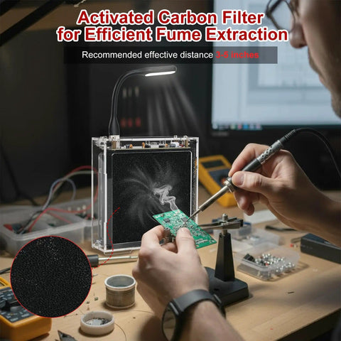 DIY Solder Fume Extractor Kit With LED Light And Filters capturing smoke during soldering on electronics project board