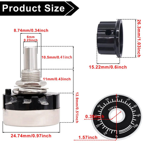 Pro Grade 10K Potentiometer Rotary Pot With Carbon Film Single Turn Taper For Inverter Speed Control And Motor Regulation RV24YN20S B103 10K Kit With 2 A03 Knobs And 2 Dials showing product dimensions.