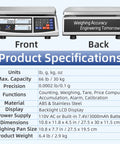 Heavy Duty Industrial Counting Scale 30kg 66lb With 0.1g Precision; digital scale front and back view with specification details.