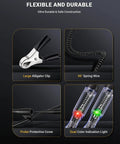 Dual Color Polarity Test Light For Automotive Circuits With Tungsten Illumination Pro Grade 6V 12V 24V Car Electrical Tester Pen Stainless Probe For Continuity And Voltage Fuse Testing In Sedans SUVs RVs And Trucks, close-up of alligator clip and 96-inch spring wire