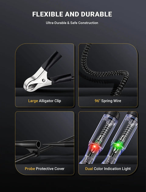 Dual Color Polarity Test Light For Automotive Circuits With Tungsten Illumination Pro Grade 6V 12V 24V Car Electrical Tester Pen Stainless Probe For Continuity And Voltage Fuse Testing In Sedans SUVs RVs And Trucks, close-up of alligator clip and 96-inch spring wire